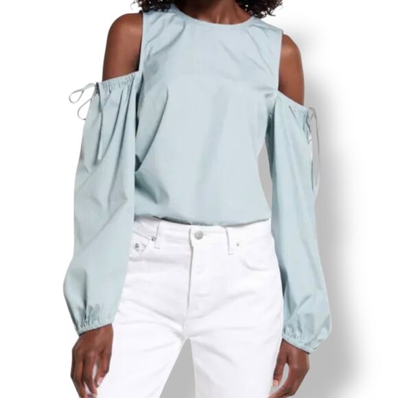 NWT Open Edit Teal Mist Cold Shoulder Long Sleeve Blouse -Women's Size Large - Picture 1 of 8